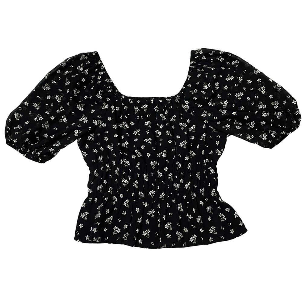 Madewell Zira Shirred Puff Sleeve Blouse - Ditsy Floral True Black - XS